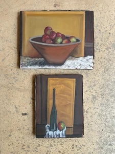 2 Original Matching Vtg Signed Oil Paintings Apples Wine American Jack Darro - Picture 1 of 14