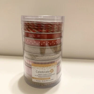 Brand New Celebrate it Eight Pack Christmas Red/Burlap Ribbon 32 Yds Total - Image 1 of 3