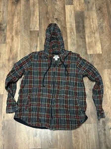 LL Bean Jacket Womens Medium Grey Red Flannel Hoodie Full Zip Tartan Plaid - Picture 1 of 6