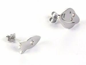Stainless Rocket Ship Orbiting Saturn Stud Earrings - Picture 1 of 2