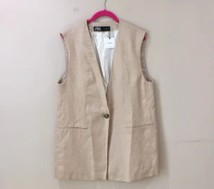 Zara 100% Linen Blazer Vest Beige Womens Size L NWT Classic Minimalist Coastal - Picture 1 of 8