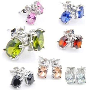 Classic MIX 7 Pairs Oval Black Onyx Garnet Peridot Topaz Morganite Stud Earrings - Picture 1 of 11