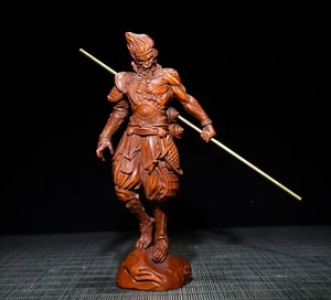6.3" Chinese Box-wood Carving Sun Wukong Handsome Monkey King Monkey King Statue - Picture 1 of 8