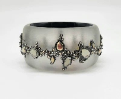 Alexis Bittar Silver Lucite Hinged Bangle Hematite Swarovski Crystal Ruthenium - Image 1 of 4
