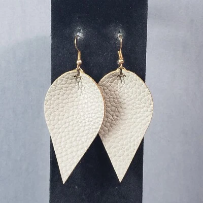 Dangle Leather Earrings Gray Teardrop Retro Mid Century Modern Boho Pierced 3" - Image 1 of 4