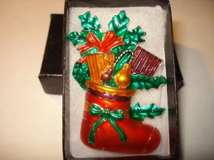 Enamel Holly Bow Gift Boot Stocking Brooch Pin  - Picture 1 of 3