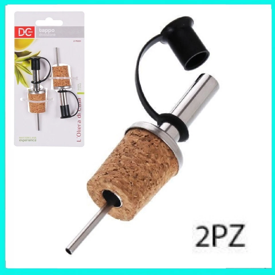 2pz TAPPO IN SUGHERO ACCIAIO PER BOTTIGLIA CON DOSATORE VERSATORE PER VINO OLIO  - Immagine 1 di 1