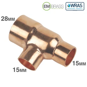 Reducing Tee 28mm x 15mm x 15mm End Feed WRAS Approved Copper Fittings - Picture 1 of 3