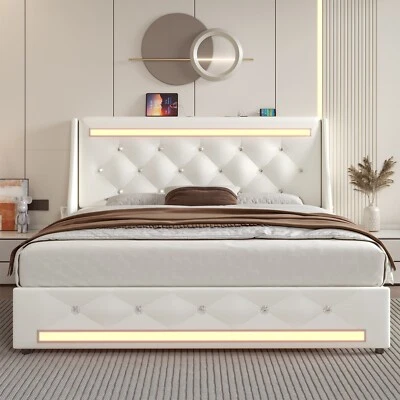 Full Queen Size Bed Frame with LED Lights and Charging Station - Image 1 of 4