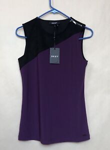 DKNY woman sleeveless top Sz Purple/black Boat Neck Stretch