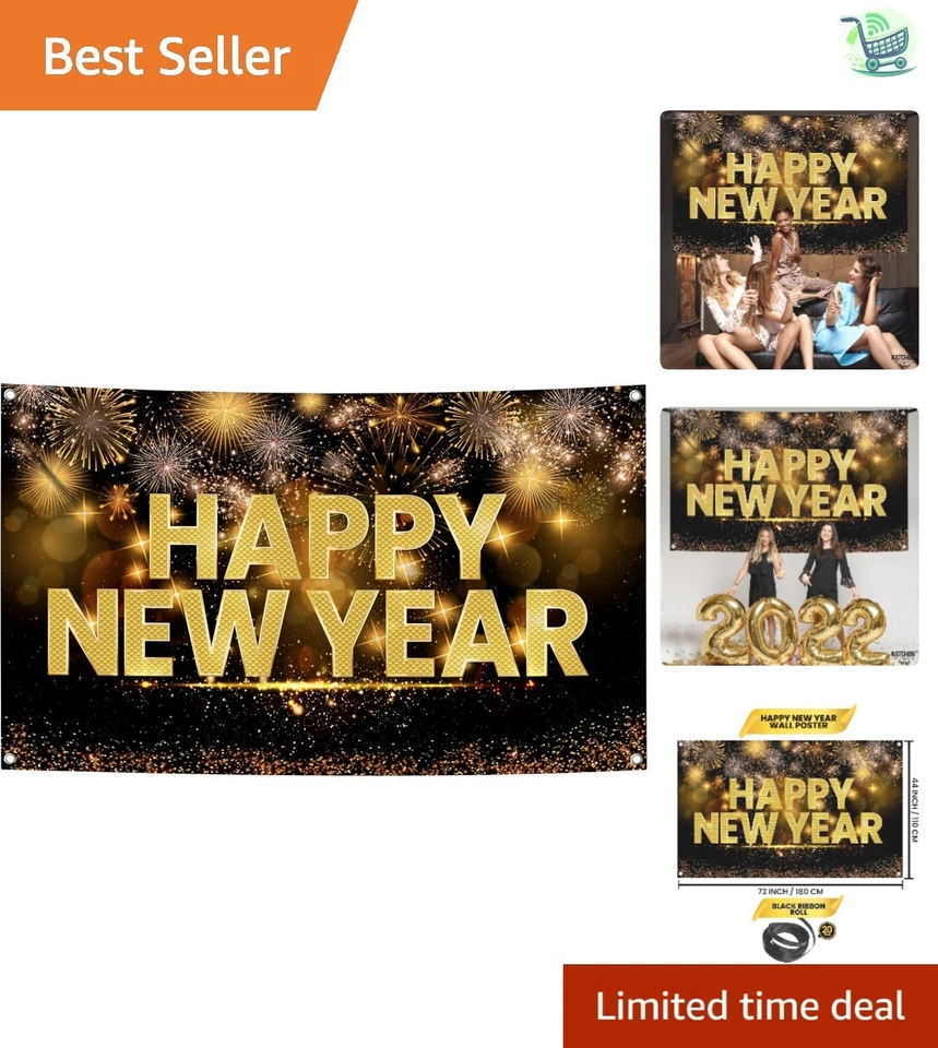 Xtra Large 72x44 Inch Happy New Year Banner - Elegant 2025 Party Backdrop - Image 1 of 4