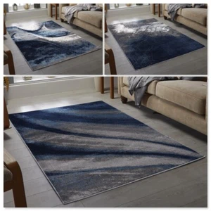 Navy Blue Grey Floor Rug Small Extra Large Sizes Thick Soft Pile Mat Cheap - Picture 1 of 11