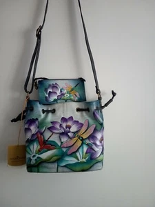 Women's Anuschka Leather With Hand Painted "Tranquil Pond" Cross Body Handbag - Picture 1 of 14