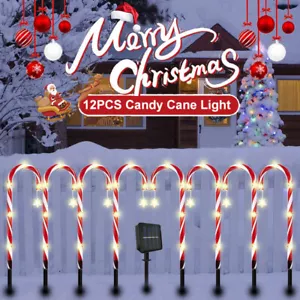 12pcs Christmas Solar Power Candy Cane Light Outdoor Pathway Yard Light Decora - Picture 1 of 12