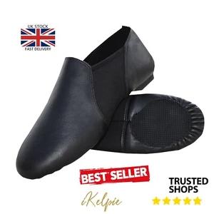 iKelpie® SLIP ON JAZZ DANCE SHOES Black Leather Neoprene Leotard Split Sole Pump - Picture 1 of 8