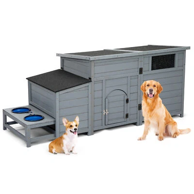 COZIWOW Dog House Wooden Outdoor Dog Kennel with Food Bowls and an Open Roof - Image 1 of 4