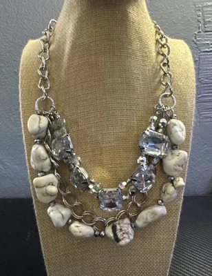Silver Tone White Stone Large Faux Sparkle Gemstone Necklace Cocktail Statement - Image 1 of 3