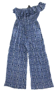 Angie Jumpsuit 100 % Viskose blau weiß Blumenmuster eine Schultertasche weites Bein Small - Bild 1 von 5