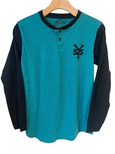Zoo York Henley Shirt Youth Size XL 18/20 Teal Black Raglan Sleeve Buttons Logo - Picture 1 of 7