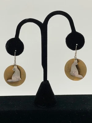 Sterling Silver Howling Coyote Brass Full Moon Dangle Earrings 8 Grams - Image 1 of 4