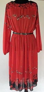 VTG 70s Red/Black Floral Tie Waist Shirt Dress Size L/XL Retro US Union Made - Picture 1 of 14
