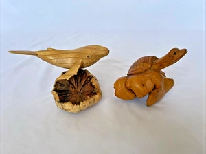 Carved Natural Wood Humpback Whale and Turtle Figurine Desktop Sculpture - Picture 1 of 16