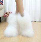 Womens Mid Calf Boots Ostrich Feather Fur Furry Winter Warm Snow Boots Outdoor