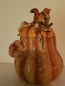 Adorable Pumpkin Cookie Jar Playfull Squirrels Nuts Storage 10" Tall  - Picture 1 of 8