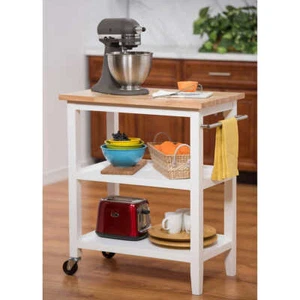 Kitchen Cart Storage Shelves Utility Rack 3-Tier Rolling Butcher Block Top Wood - Picture 1 of 1