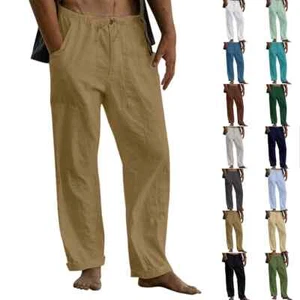 Men's Cotton Linen Long Pants Elastic Waist Multi Pocket Wide-Leg Trousers - Picture 1 of 32
