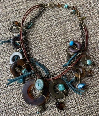 Treska Statement 项链 波西米亚绿松石 棕色 Lagenlook 层 嬉皮部落 — 第 1/4 张图片