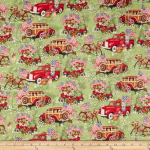 Red Truck & Wagons Puppy Sewing Quilting Quilt Fabric Susan Winget FQ Green - Picture 1 of 3