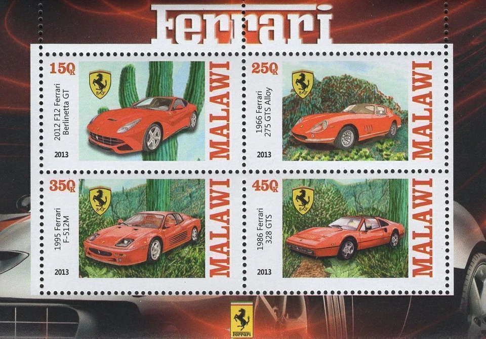 Malawi Ferrari Luxury Cars Souvenir Sheet of 4 Stamps Mint NH - Image 1 of 1