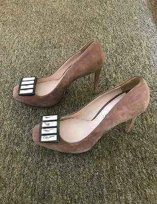 MIU MIU Rose Taupe Suede High Heels w/ Gemstone Square Buckle  - Image 1 of 4