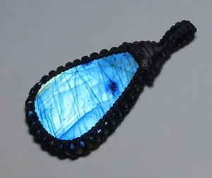 95 CT MACRAME PEAR PENDANT 100% NATURAL MULTI FIRE LABRADORITE GEMSTONE AA-139 - Picture 1 of 6