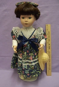COLLECTIBLE Porcelain Doll Green Eyes Brown Hair Blue Floral Lace Dress - Picture 1 of 4
