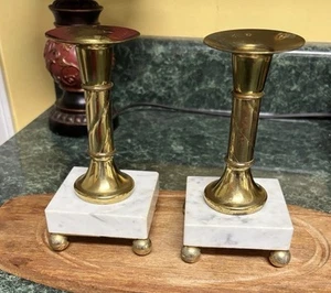 Set Of 2 Antique Brass and Marble Candlesticks, 6 in Tall, 3 in Wide - Picture 1 of 9