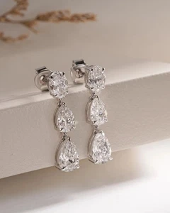14K Gold Drop Earrings With 3.5CT Oval & Pear Cut Lab Grown Diamonds - Picture 1 of 6