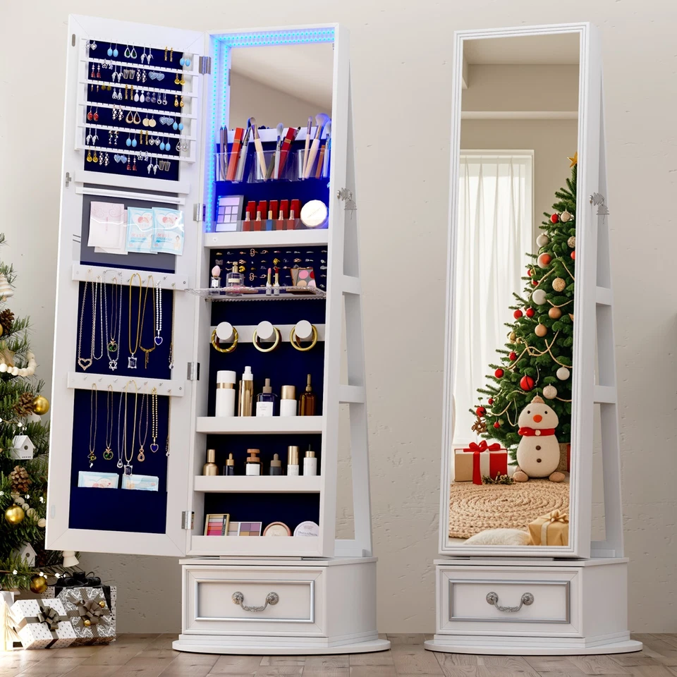 Armario Joyería Giratorio 360° con Espejo Largo Completo, Luces LED de 3 Colores, Bloqueable Foto 1 de 1