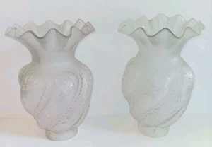 Victorian Etched Frosted Ruffled Glass Hurricane Lamp Shade Matched Pair Antique - Picture 1 of 9
