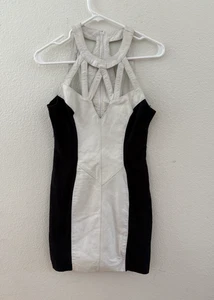 Vintage Wilsons Damen schwarz/weiß Leder Käfig Ausschnitt Stretch Bodycon Kleid Gr. M - Bild 1 von 9