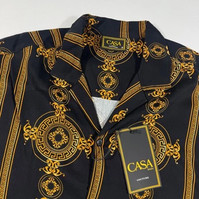 CASA Moda Mens Shirt M Short Sleeve Button Down Black Gold Luxury 100% Rayon - Image 1 of 4