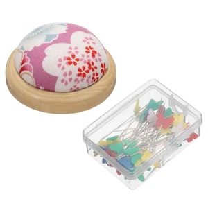 Pin Cushion Wooden Base with 50 Pieces Sewing Pins Set, Purple Floral Style - Picture 1 of 6