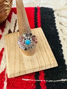 Navajo Sterling Silver & Turquoise Adjustable Flower Ring - Picture 1 of 7