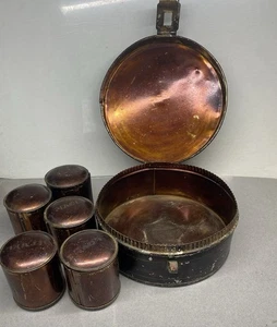 Antique Round Metal Tin Spice Box Set with 5 Spice Tins - Picture 1 of 19