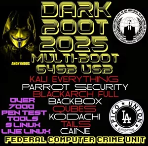 Dark Boot 2025 Multi-Boot USB Kali, Blackarch, Parrot Sec, Tails, BackBox, Qubes - Picture 1 of 1