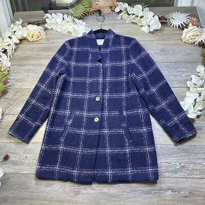 Old Navy Pea Coat Womens Small Plaid Blue Purple Pink Wool Blend Single Breasted - Image 1 of 4