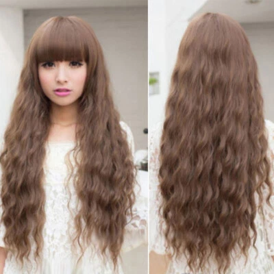 New Fashion Long Brown Neat Bang Wavy Women Lady Cosplay Party Hair Wig Wigs+Cap - Image 1 of 3