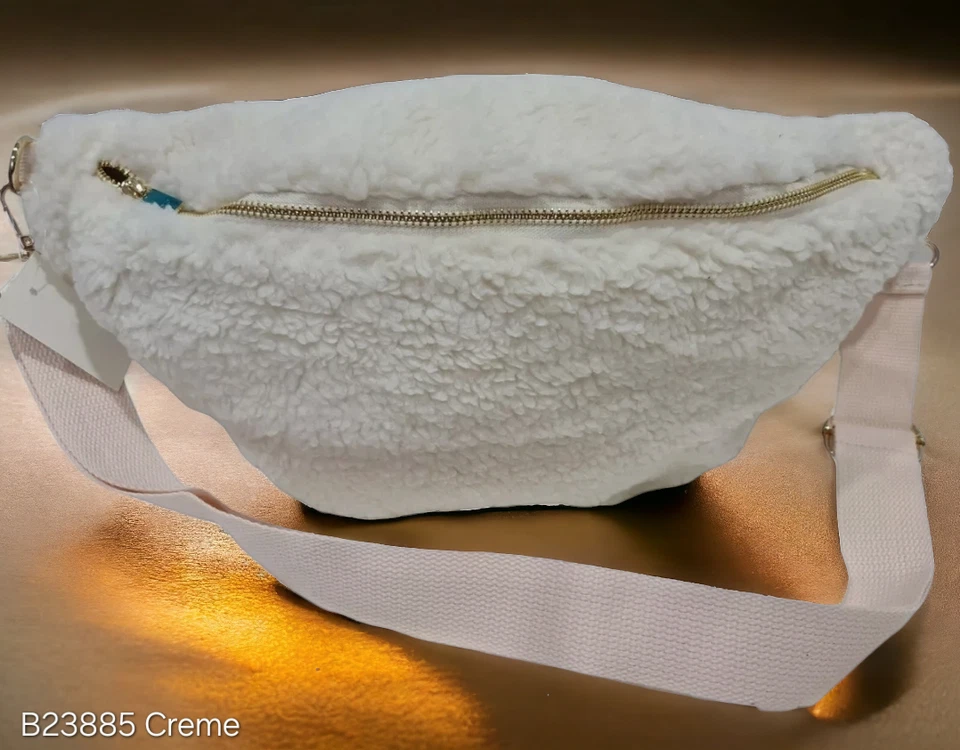 XL Plüsch Teddyfell Cross Body Bag Bauchtasche Schultertasche Hellbeige B23885 - Bild 1 von 1