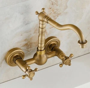 Antique Brass Wall Mounted Kitchen Faucet Swivel Spout Sink Mixer Tap msf006 - Picture 1 of 7
